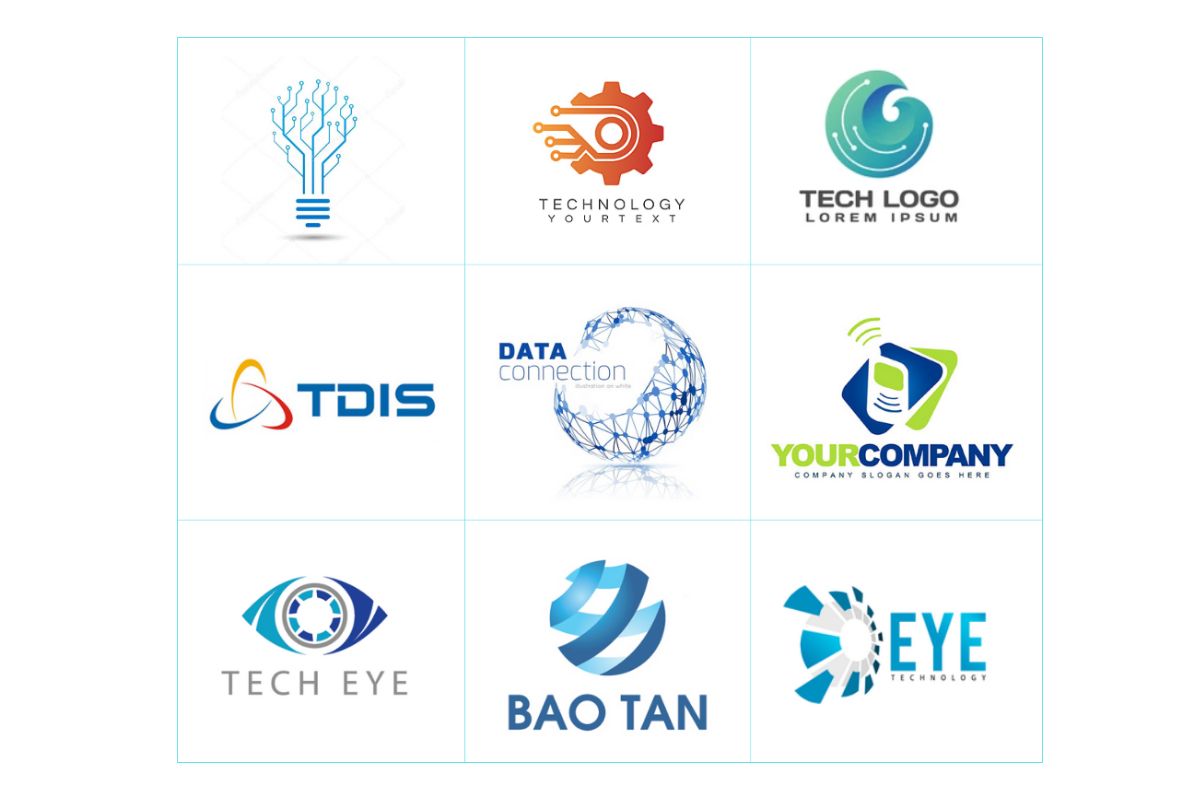 Logo phong cách hiện đại, nhiều chi tiết kỹ thuật chuyên ngành (vi mạch, bóng đèn, mạng lưới), phù hợp cho công ty làm về Big Data, IoT, An ninh mạng và Giải pháp thông minh