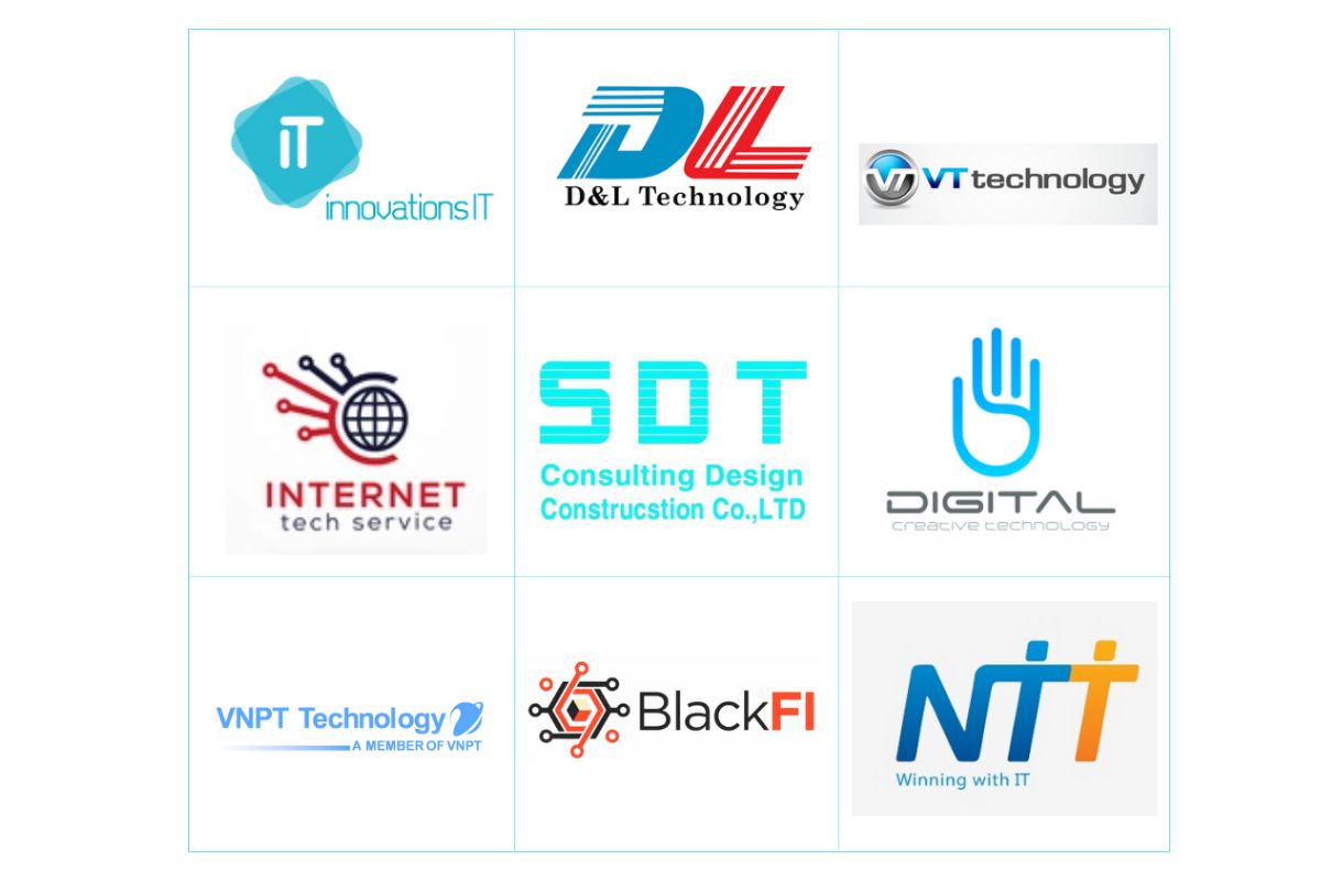 Logo phong cách truyền thống, sử dụng tone màu kinh điển (xanh - cam) và chữ viết tắt thương hiệu, phù hợp cho Công ty viễn thông, Dịch vụ Internet, Tư vấn và Thi công hệ thống mạng